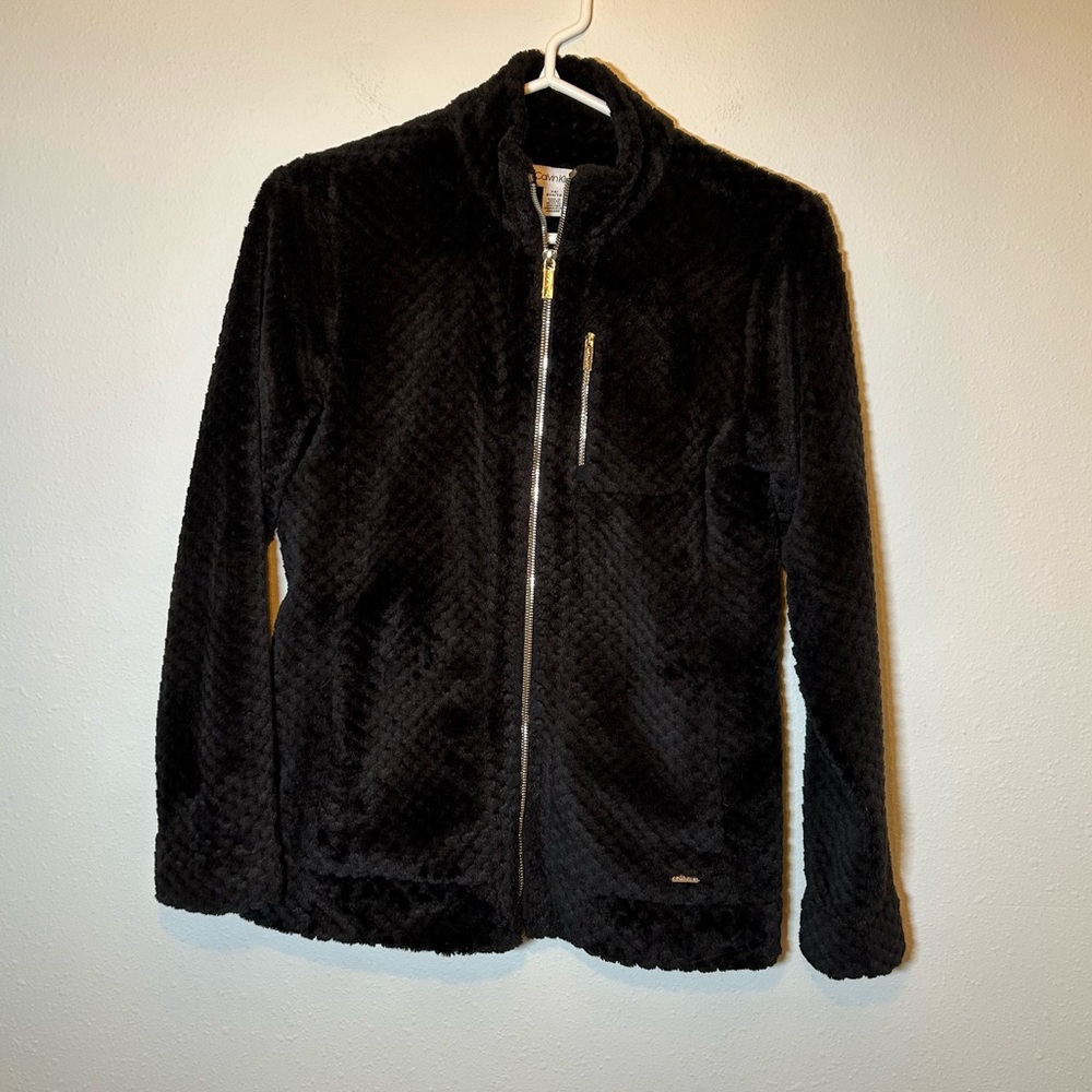 Black Plush Zip Jacket Women’s XS Fleece Soft Metallic Silver Cozy Textured CK